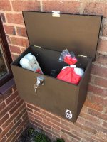 Open CUSTOM SIZE Milksafe for 12 @ eggs, 2 @ 1-pint glass bottles and bread, Wall Hung, Bottles hidden - lockable, in Seasoned Oak