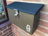 Locked Milksafe for 4 @ 1-pint glass bottles Wall hung, Bottles hidden - lockable, in Seasoned Oak