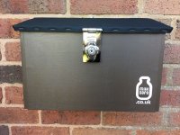 Locked Milksafe for 4 @ 1-pint glass bottles Wall hung, Bottles hidden - lockable, in Seasoned Oak